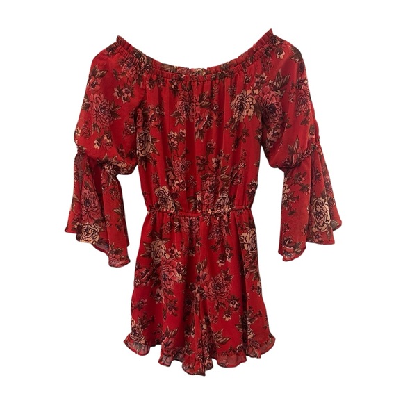 American Eagle Outfitters Red Floral Off Shoulder Roper (XXS) - Picture 5 of 12